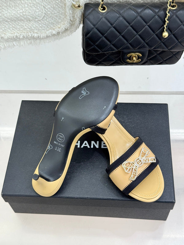 Chanel Classic Rhinestone Double C Bow Kitten Heel Slippers Beige in Sheepskin 615818