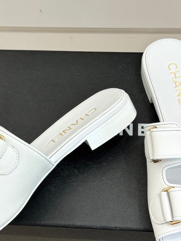 Chanel 26C Double C Backpack Buckle Velcro Slippers White in Lambskin 615792