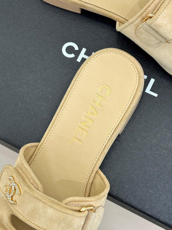 Chanel 26C Double C Backpack Buckle Velcro Slippers Beige in Suede 615791