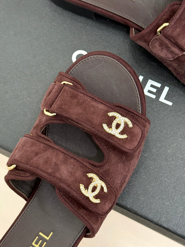 Chanel 26C Double C Backpack Buckle Velcro Slippers Burgundy in Suede 615790