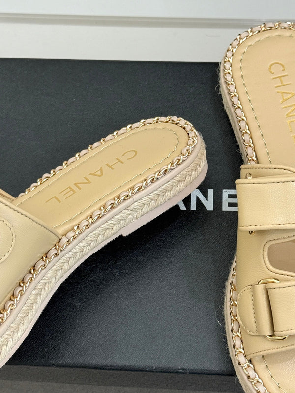 Chanel 26C Chain Double C Buckle Slippers Beige Cowhide 615786