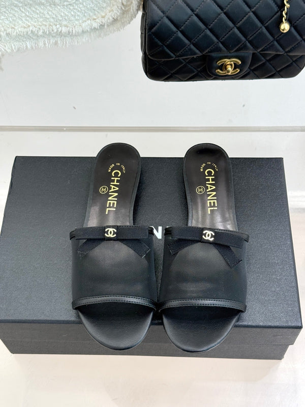 Chanel 26C Double C Bow Slippers Black in Mesh 615711