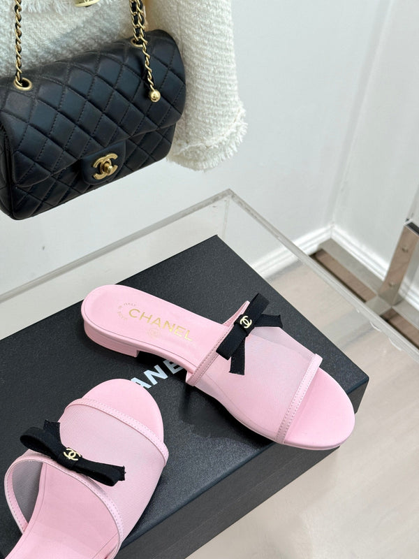 Chanel 26C Double C Bow Slippers Pink in Mesh 615710