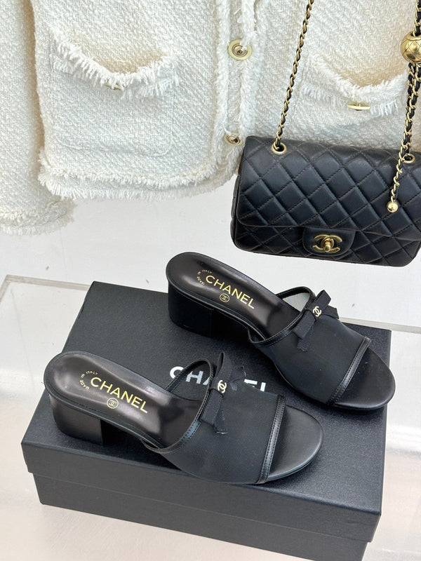 Chanel 26C Double C Bow Slippers High Heel Black in Mesh 615707