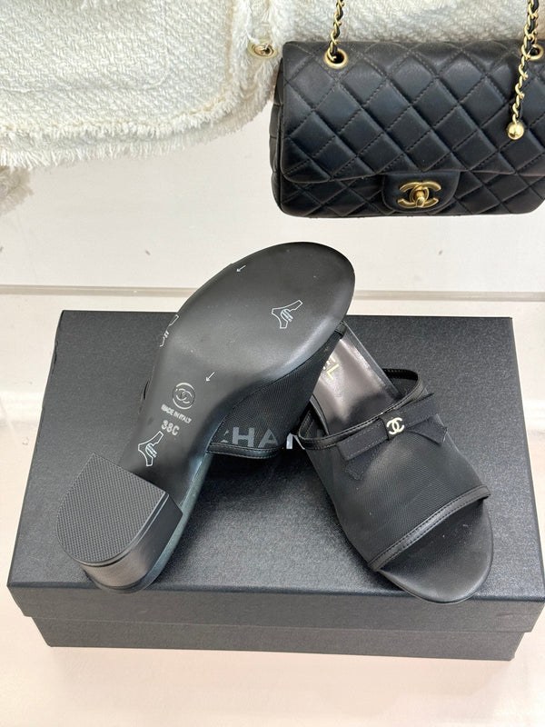 Chanel 26C Double C Bow Slippers High Heel Black in Mesh 615707