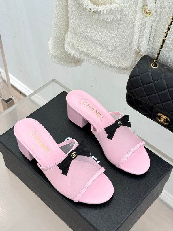 Chanel 26C Double C Bow Slippers High Heel Pink in Mesh 615706