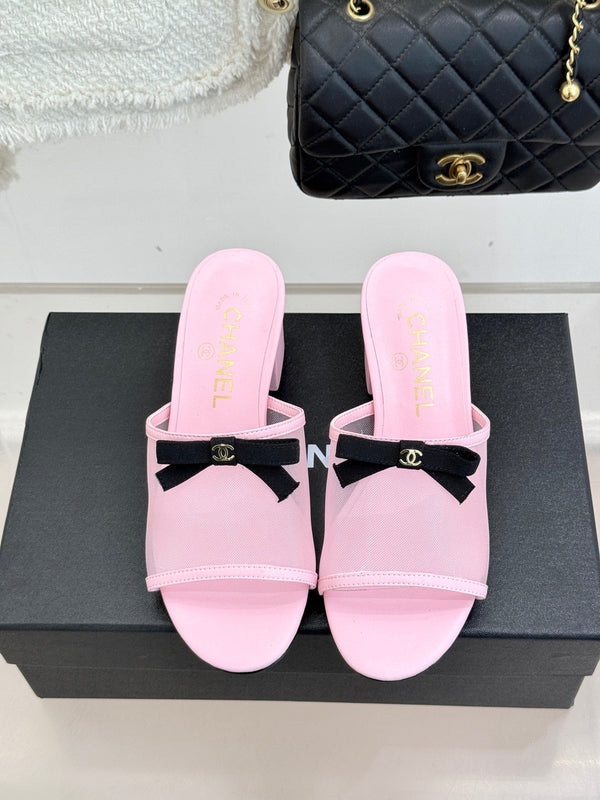Chanel 26C Double C Bow Slippers High Heel Pink in Mesh 615706