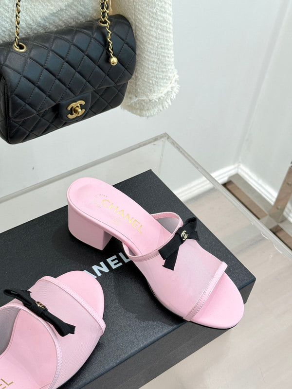 Chanel 26C Double C Bow Slippers High Heel Pink in Mesh 615706