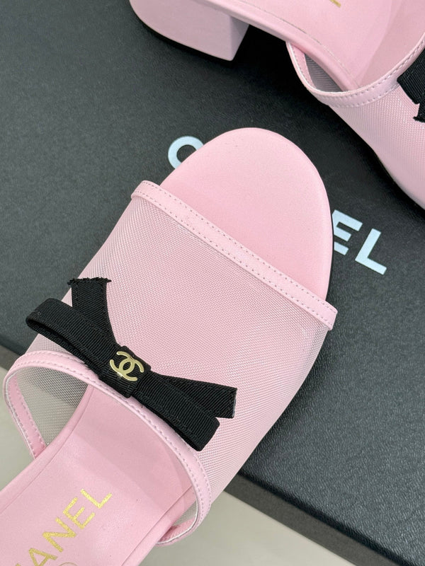 Chanel 26C Double C Bow Slippers High Heel Pink in Mesh 615706