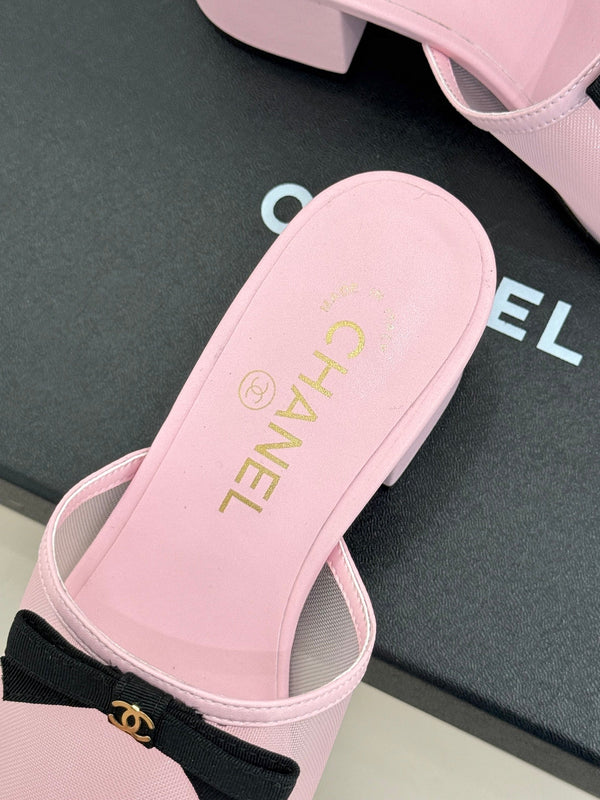Chanel 26C Double C Bow Slippers High Heel Pink in Mesh 615706