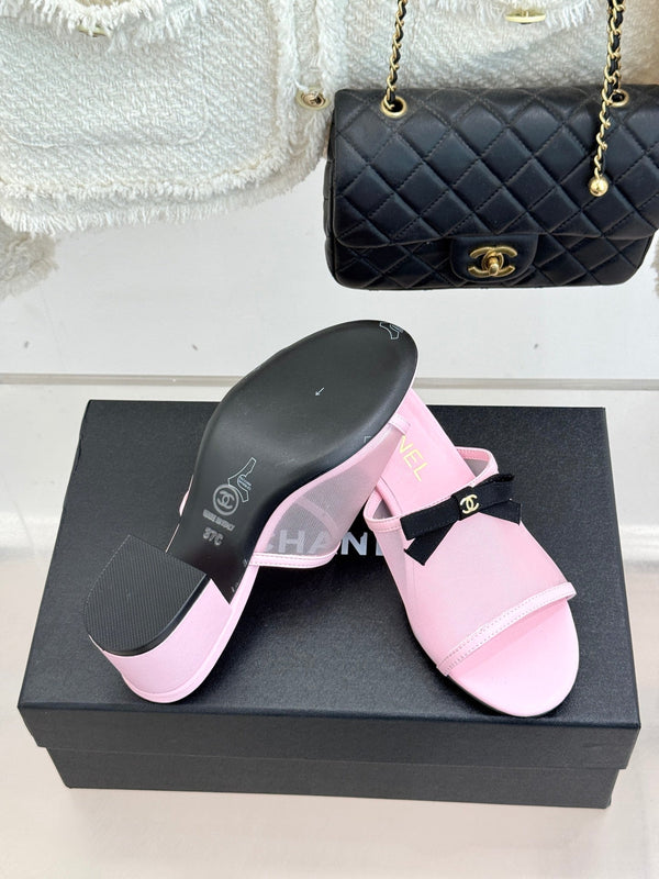 Chanel 26C Double C Bow Slippers High Heel Pink in Mesh 615706