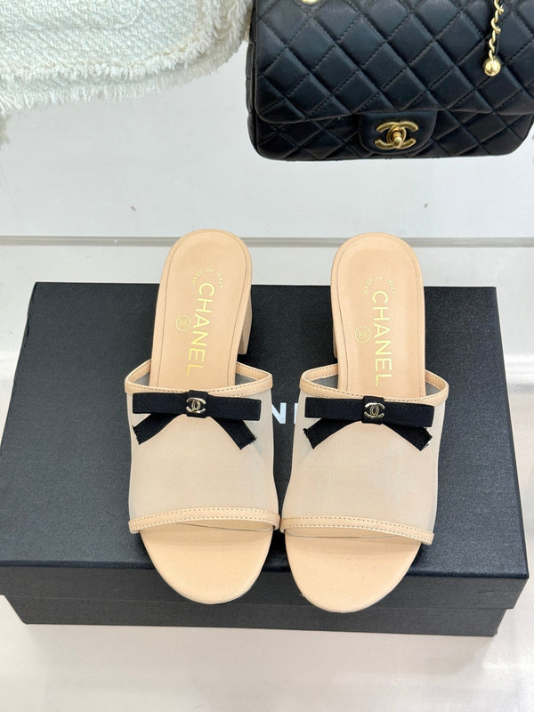 Chanel 26C Double C Bow Slippers High Heel Beige in Mesh 615705