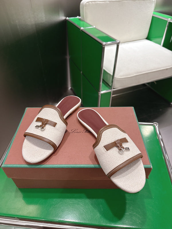 Loro Piana 26 Slippers Ivory Light Brown Wish Sheepskin Fabric 632136