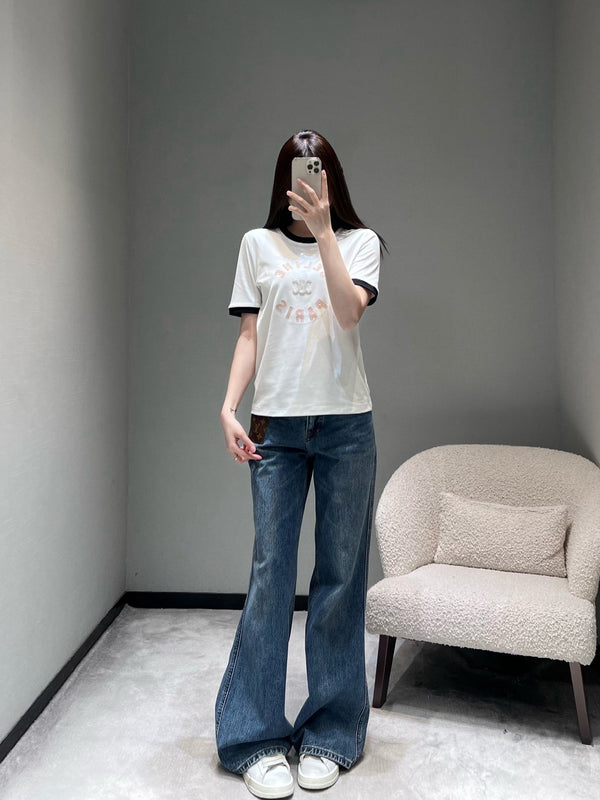 Celine 26SS Color-blocked Neck T-shirt White in Cotton 898941