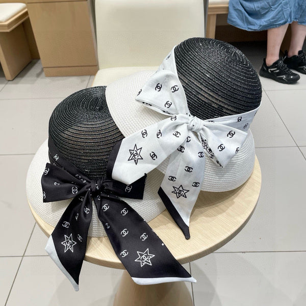 Chanel Straw White Black Hat with a White Silk Ribbon 192276