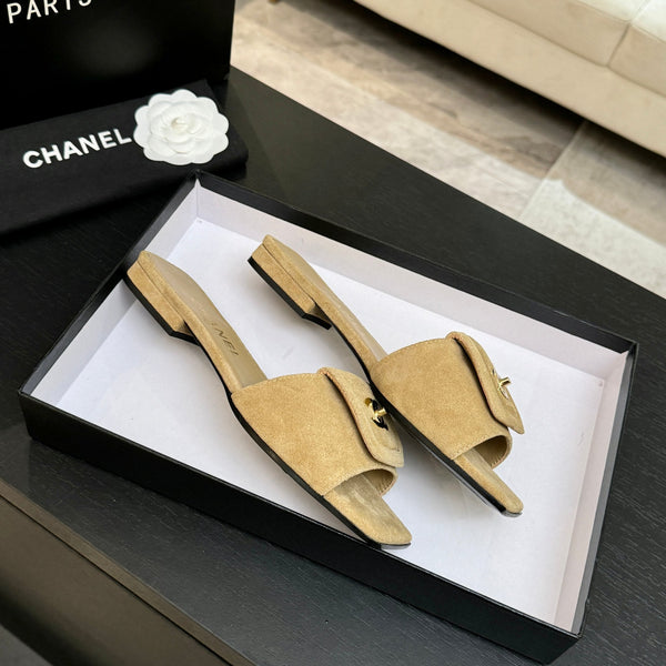 Chanel 26C Double C Buckle Square Toe Slippers Beige in Suede 673026