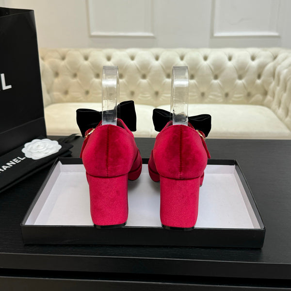 Chanel KJ26 Mary Janes Heel 2.5cm with Bow Red in Velvet 673011
