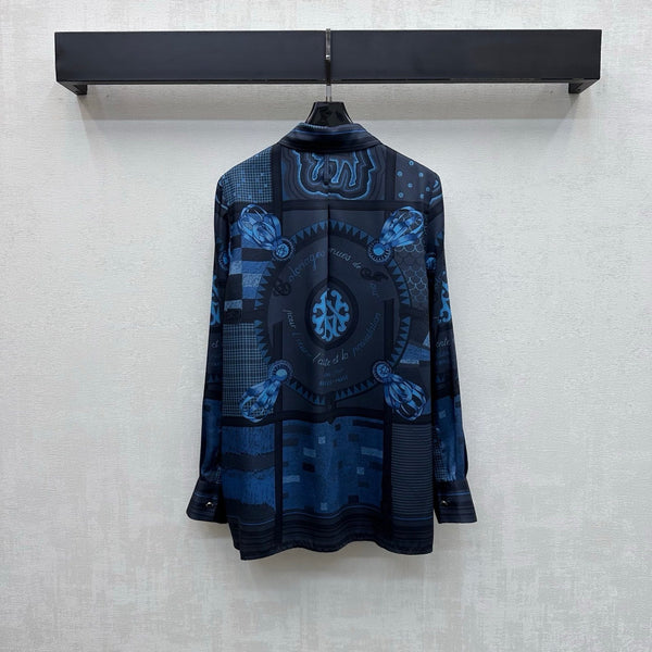 Hermes 26 Printed Long-Sleeve Shirt Blue in Mulberry Silk 137394