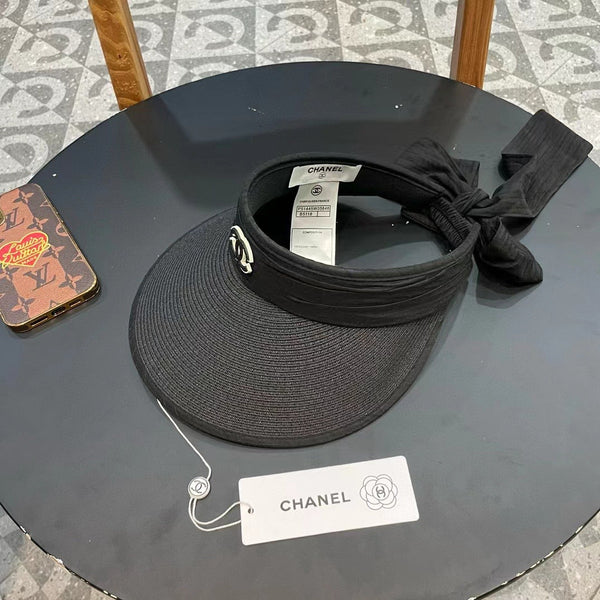Chanel Bow Organza Open Visor Black Straw Hat 197911