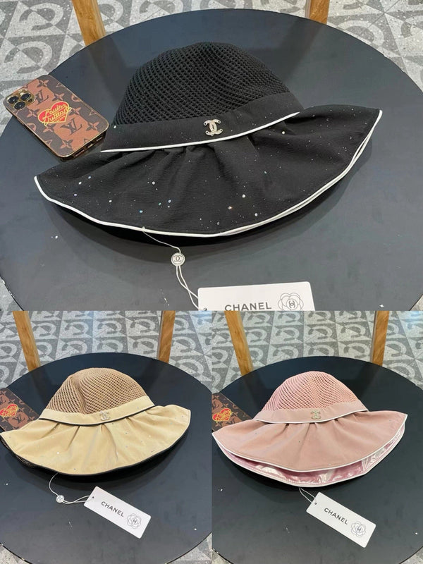 Chanel Wide-brimmed Bow Sun Hat Black in Fabric Patchwork Mesh 197786