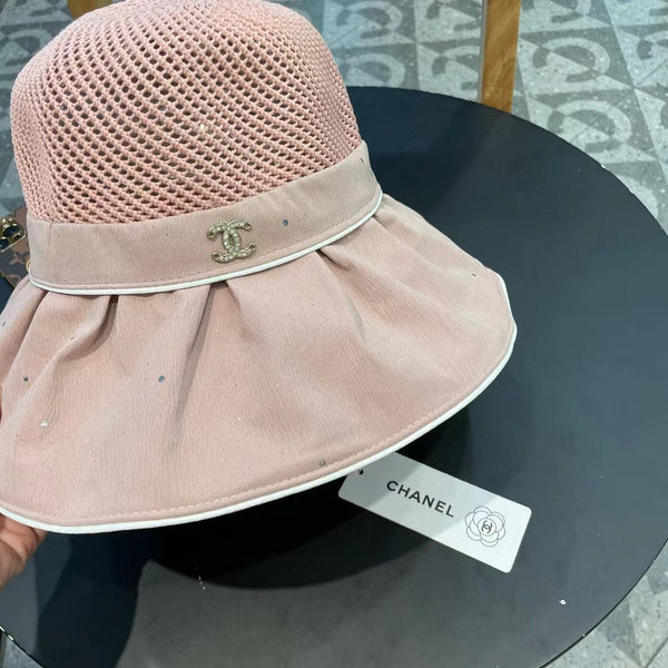 Chanel Wide-brimmed Bow Sun Hat Pink in Fabric Patchwork Mesh 197784