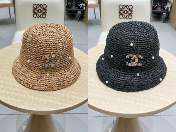 Chanel vintage Hat Pearl embellishments Black in Straw 201641