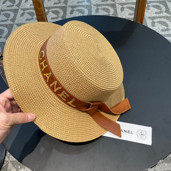 Chanel Woven Hat with Leather Strap Camel in Cotton 205612