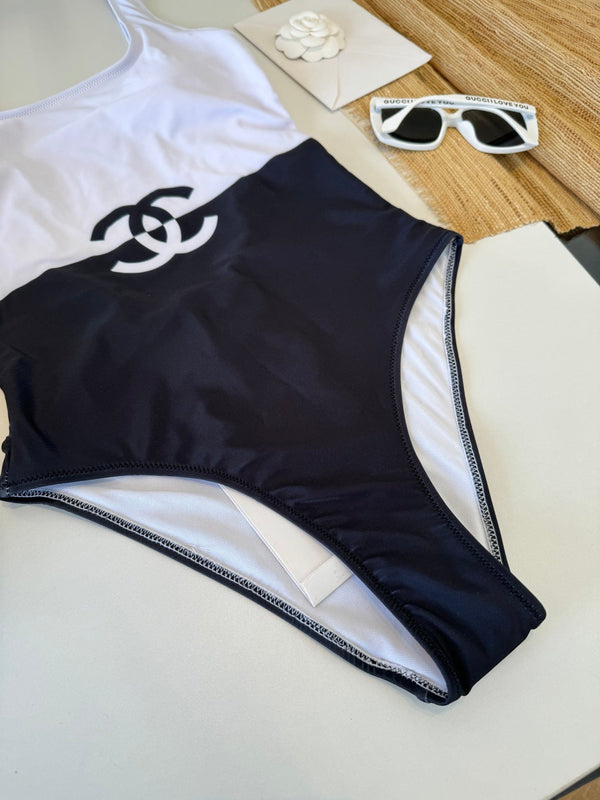 Chanel Underwire One-piece Swimsuit Black White in Cotton 204636