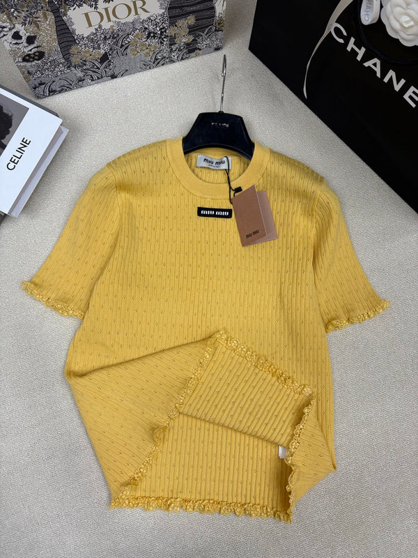 Miu Miu 26 Crew Neck Short-Sleeve Top Yellow in Knitting 191310