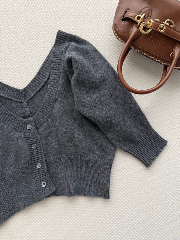Miu 26 Logo Off-Shoulder Short Cardigan Grey in Cashmere 188141