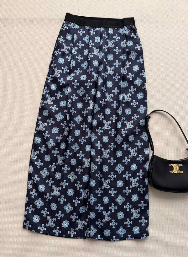 LV 26SS Printed Wide-Leg Pants Navy Blue in Silk 198358