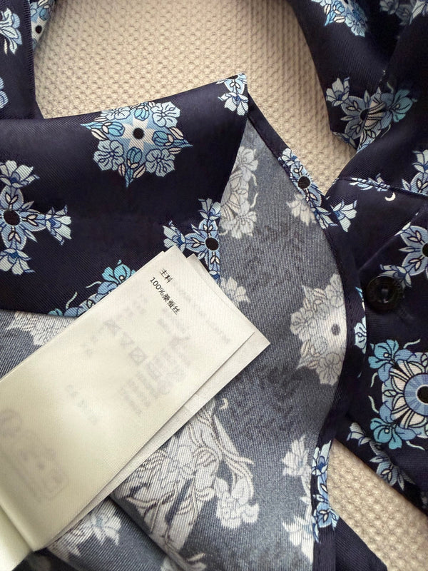LV 26SS Retro Print Silk Shirt Navy Blue in Silk 198357