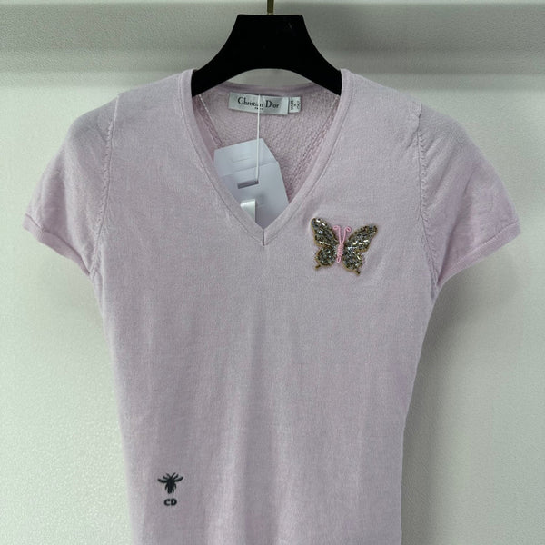 Dior Butterfly Sequin V-Neck Short-Sleeve Top Light Purple in Wool 362474