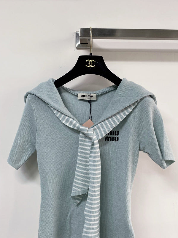 Miu Miu Short-Sleeve T-Shirt Blue Sage in Wool 204074
