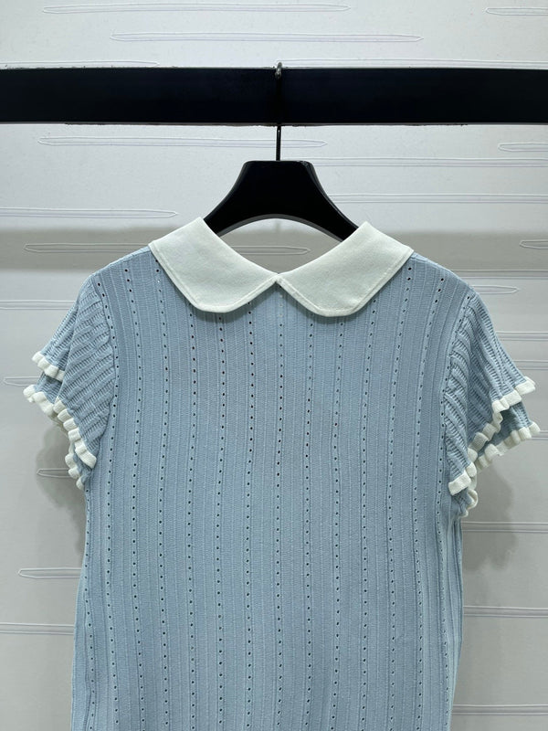 Miu Miu 26 Collar Openwork Short-sleeved Top Blue in Tencel 221740