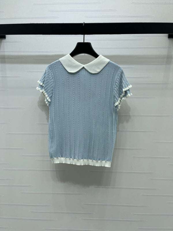 Miu Miu 26 Collar Openwork Short-sleeved Top Blue in Tencel 221740
