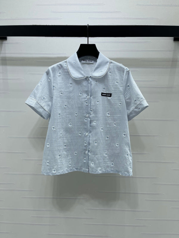 Miu Miu 26 Collar Striped Short-Sleeve Shirt + Skirt Set Blue in Cotton 221677