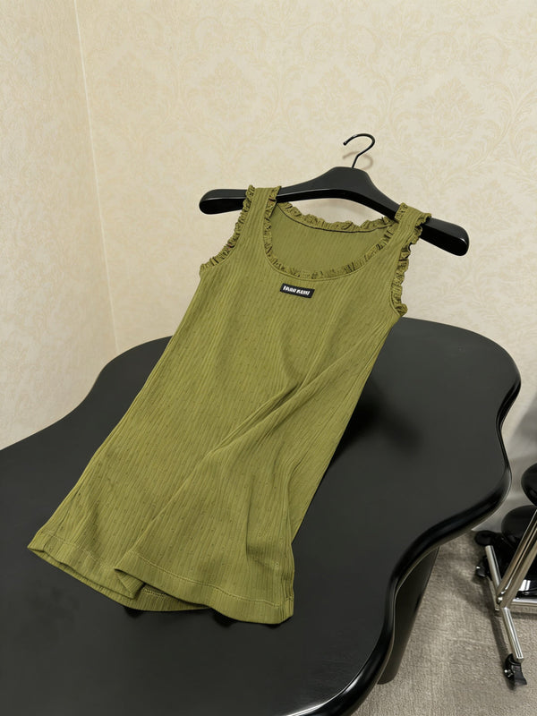 Miu Miu Green Lace-Trimmed Knit Vest Olive Green in Cotton 219026
