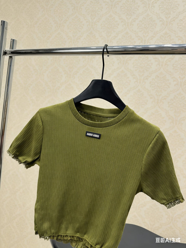 Miu Miu Short-sleeve Top Olive Green in Cotton 219023