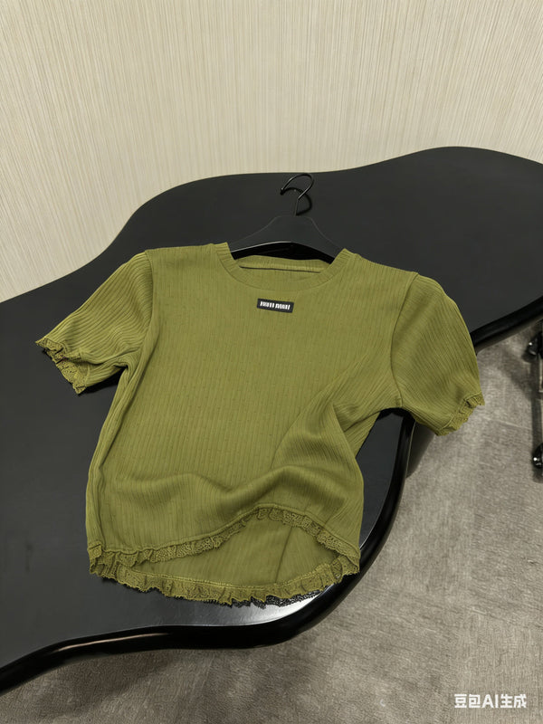 Miu Miu Short-sleeve Top Olive Green in Cotton 219023