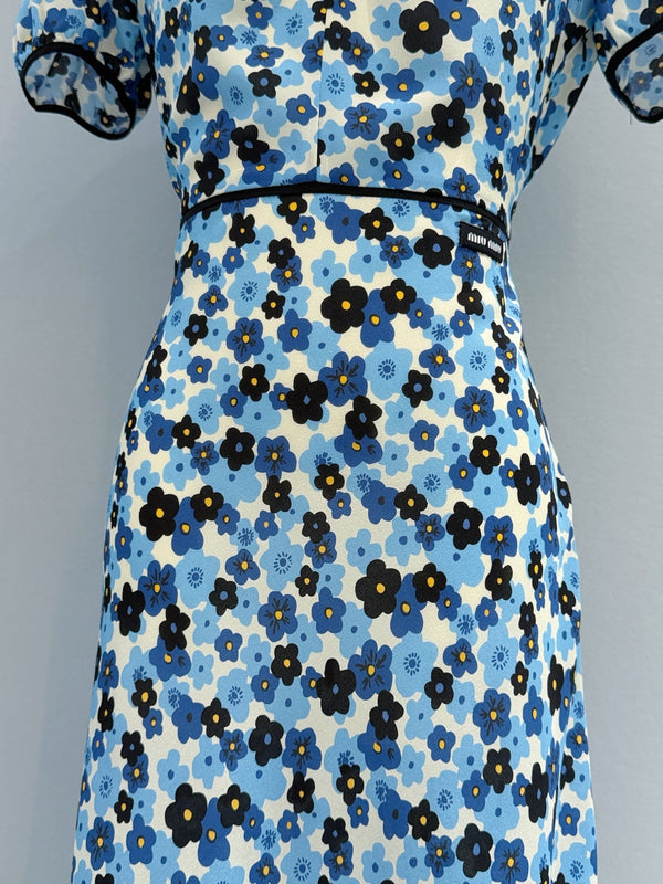 Miu Miu Floral V-Neck Dress Blue in Mulberry Silk 221190