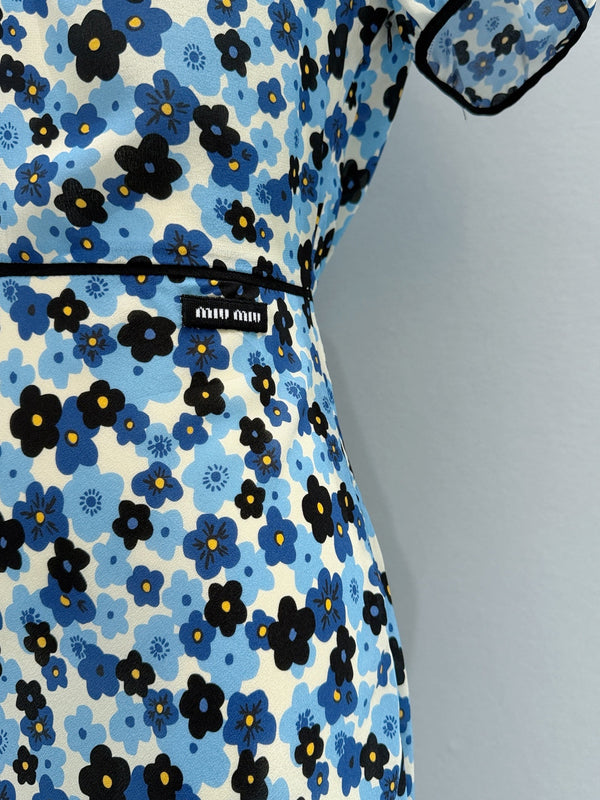 Miu Miu Floral V-Neck Dress Blue in Mulberry Silk 221190
