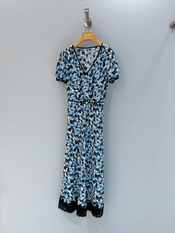 Miu Miu Floral V-Neck Dress Blue in Mulberry Silk 221190