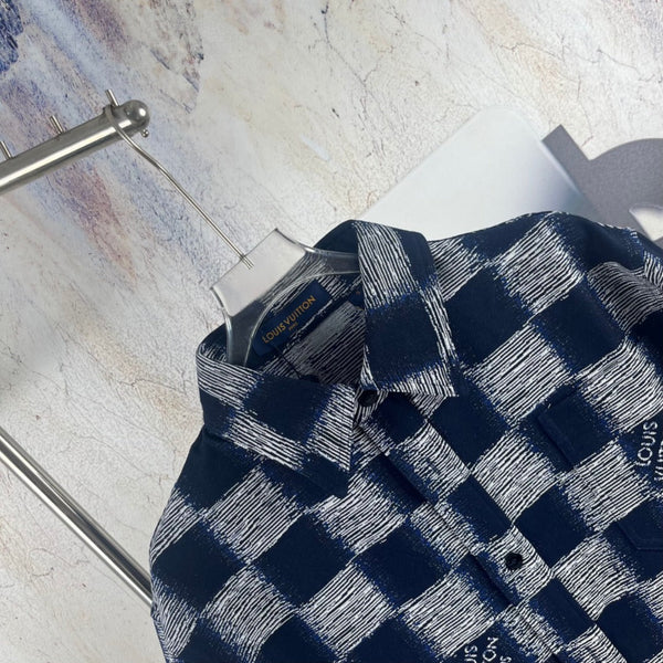 LV 26SS Navy Blue Damier Short-Sleeve Shirt in Cotton Denim 229098