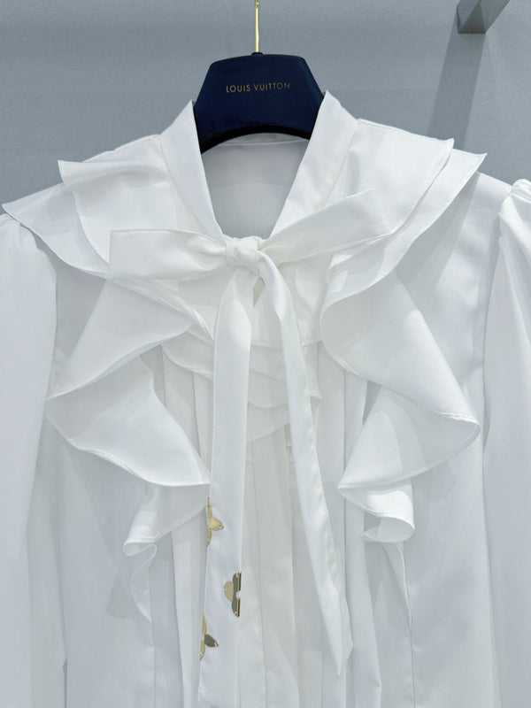LV Ruffled Tie-Neck White Shirt White in Chiffon Fabric 221056