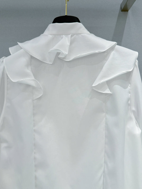 LV Ruffled Tie-Neck White Shirt White in Chiffon Fabric 221056