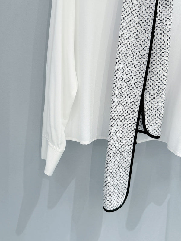 LV Monogram Collar Shirt with Ribbon White in Chiffon Fabric 221048