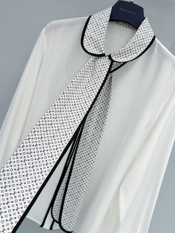 LV Monogram Collar Shirt with Ribbon White in Chiffon Fabric 221048