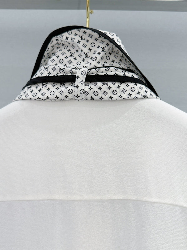 LV Monogram Collar Shirt with Ribbon White in Chiffon Fabric 221048