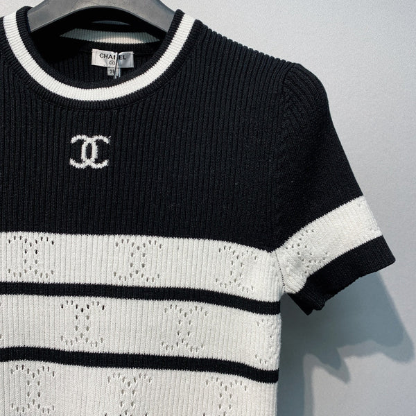 Chanel 26 Striped Knit Short-Sleeve T-Shirt Black White in Tencel 254162